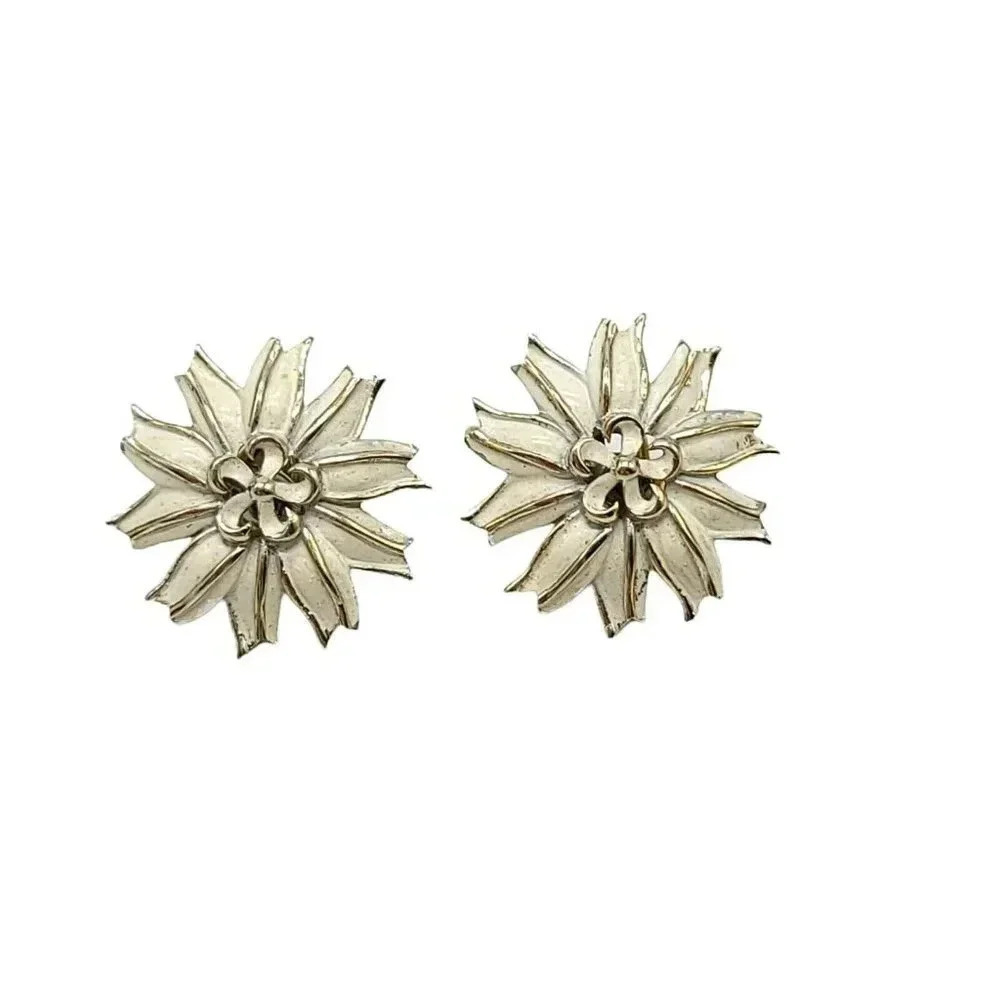 Crown Trifari White Enamel Silver Tone Flower Clip Earrings 1960s